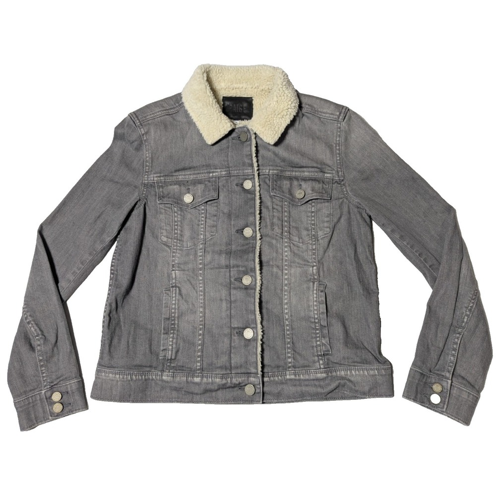PAIGE Women Small Gray Lyocell Blend Faux Fur‎ Collar Trucker Jean Jacket